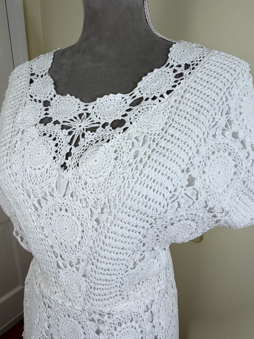 Vintage 70s White Hand Crochet Dress M Midi Cotton Sundress Prairie Boho Bridal - Picture 7 of 16